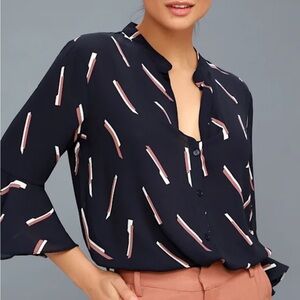 Lush Gilda Navy Blue Print Flounce Sleeve Top